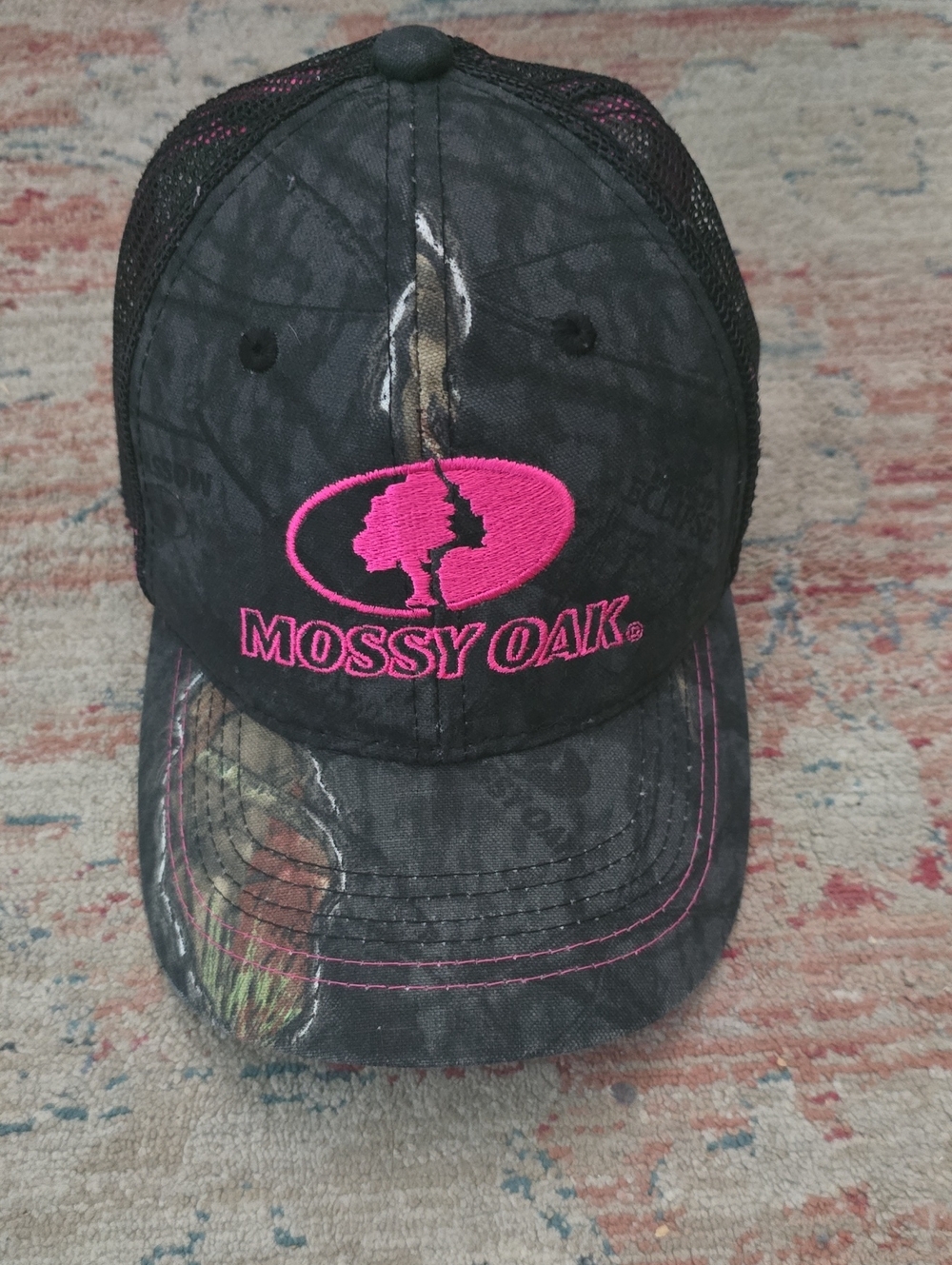 Mossy Oak Black Hat with Pink Embroidered Logo
